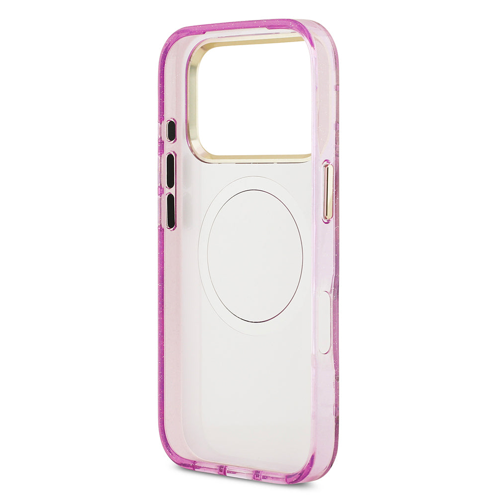 iPhone 17 Pro Kılıf Guess Orjinal Lisanslı M-safe Şarj Özellikli Simli Çiçek Desenli Metal Kamera Çerçeveli Üçgen Logolu Kılıf