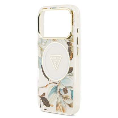 iPhone 17 Pro Kılıf Guess Orjinal Lisanslı M-safe Şarj Özellikli Simli Çiçek Desenli Metal Kamera Çerçeveli Üçgen Logolu Kılıf