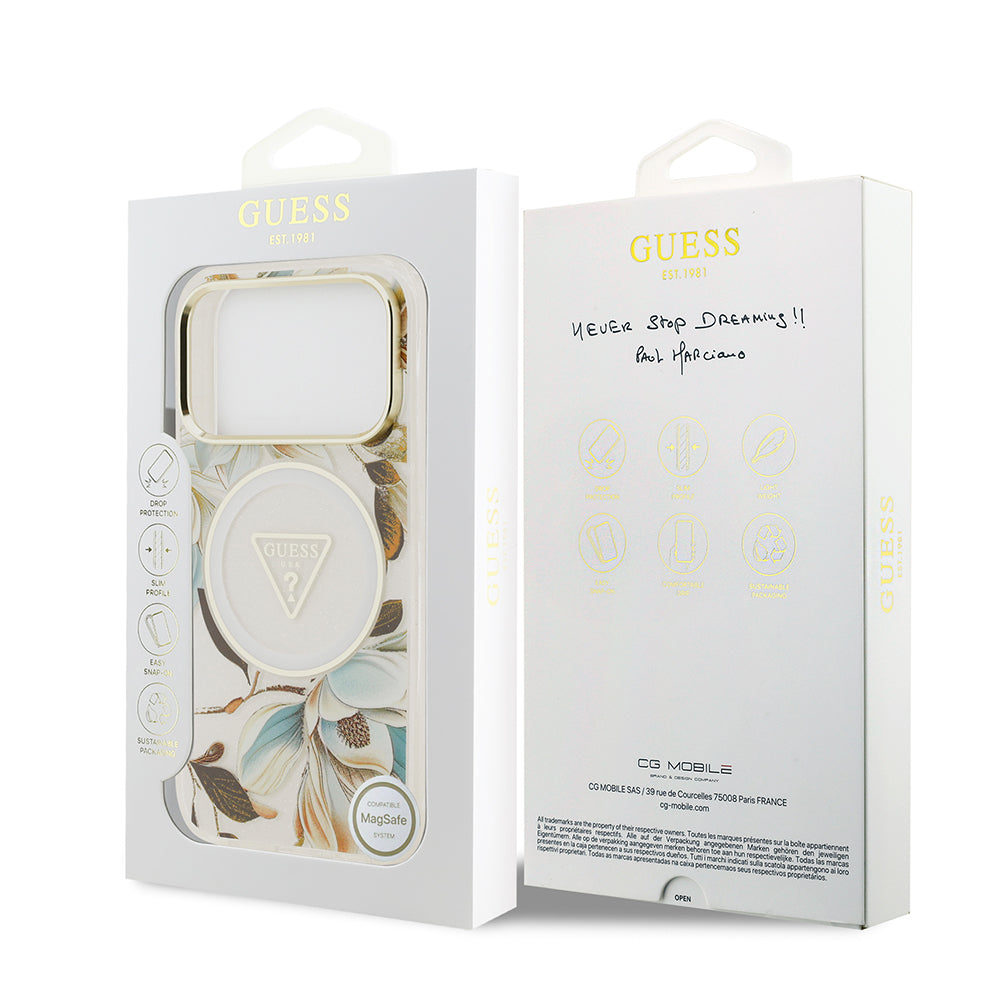 iPhone 17 Pro Kılıf Guess Orjinal Lisanslı M-safe Şarj Özellikli Simli Çiçek Desenli Metal Kamera Çerçeveli Üçgen Logolu Kılıf