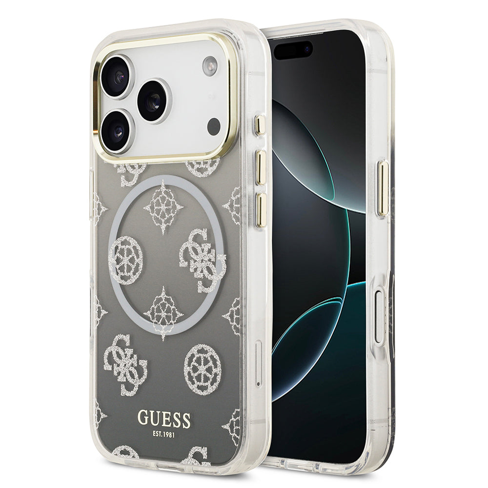 iPhone 17 Pro Kılıf Guess Orjinal Lisanslı M-safe Şarj Özellikli Simli Peony Desenli Silikon Kılıf