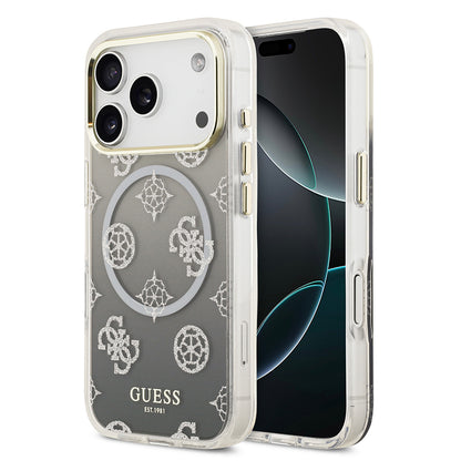 iPhone 17 Pro Kılıf Guess Orjinal Lisanslı M-safe Şarj Özellikli Simli Peony Desenli Silikon Kılıf