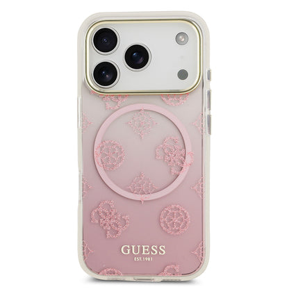 iPhone 17 Pro Kılıf Guess Orjinal Lisanslı M-safe Şarj Özellikli Simli Peony Desenli Silikon Kılıf