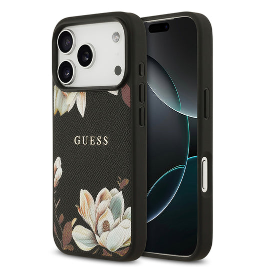 iPhone 17 Pro Kılıf Guess Orjinal Lisanslı M-safe Şarj Özellikli Taneli Çiçek Tasarımlı Metal Yazı Logolu Kılıf