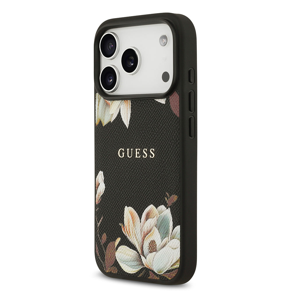 iPhone 17 Pro Kılıf Guess Orjinal Lisanslı M-safe Şarj Özellikli Taneli Çiçek Tasarımlı Metal Yazı Logolu Kılıf