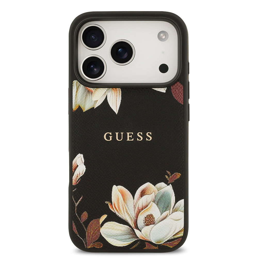iPhone 17 Pro Kılıf Guess Orjinal Lisanslı M-safe Şarj Özellikli Taneli Çiçek Tasarımlı Metal Yazı Logolu Kılıf