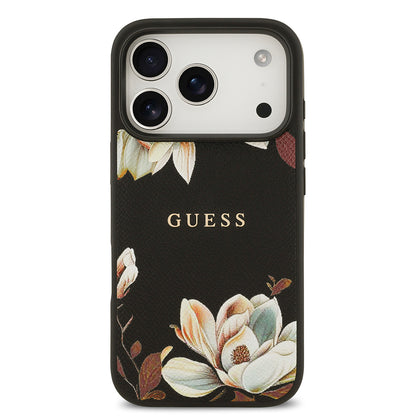 iPhone 17 Pro Kılıf Guess Orjinal Lisanslı M-safe Şarj Özellikli Taneli Çiçek Tasarımlı Metal Yazı Logolu Kılıf