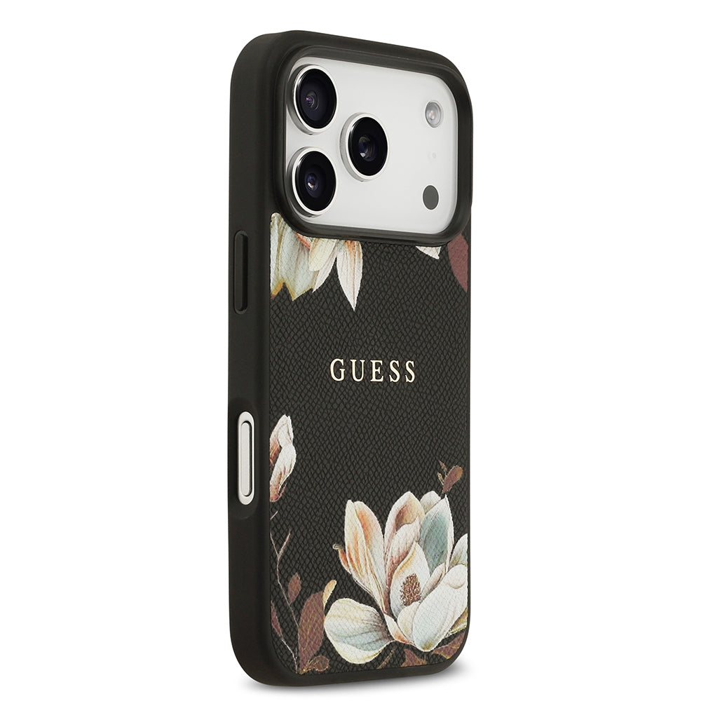 iPhone 17 Pro Kılıf Guess Orjinal Lisanslı M-safe Şarj Özellikli Taneli Çiçek Tasarımlı Metal Yazı Logolu Kılıf