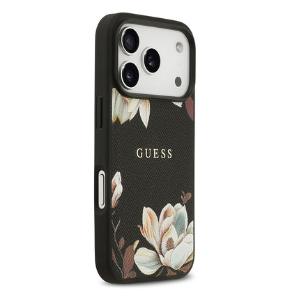 iPhone 17 Pro Kılıf Guess Orjinal Lisanslı M-safe Şarj Özellikli Taneli Çiçek Tasarımlı Metal Yazı Logolu Kılıf