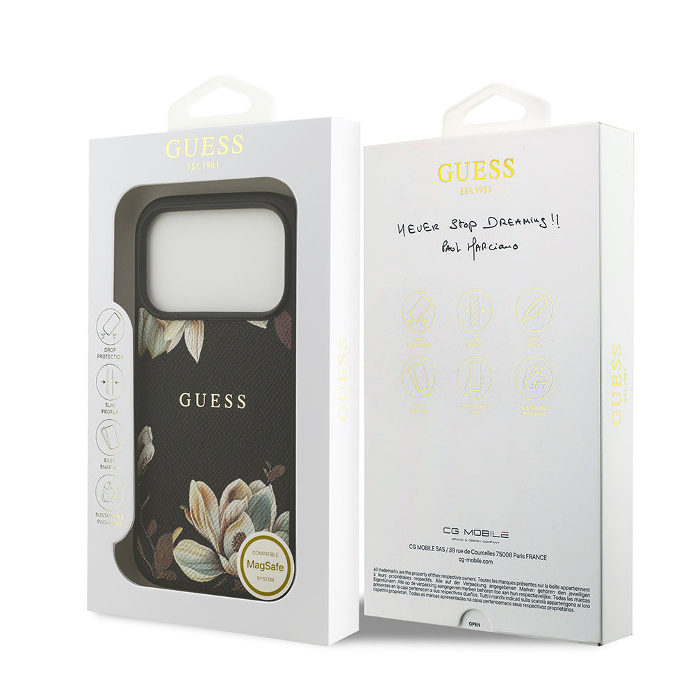 iPhone 17 Pro Kılıf Guess Orjinal Lisanslı M-safe Şarj Özellikli Taneli Çiçek Tasarımlı Metal Yazı Logolu Kılıf
