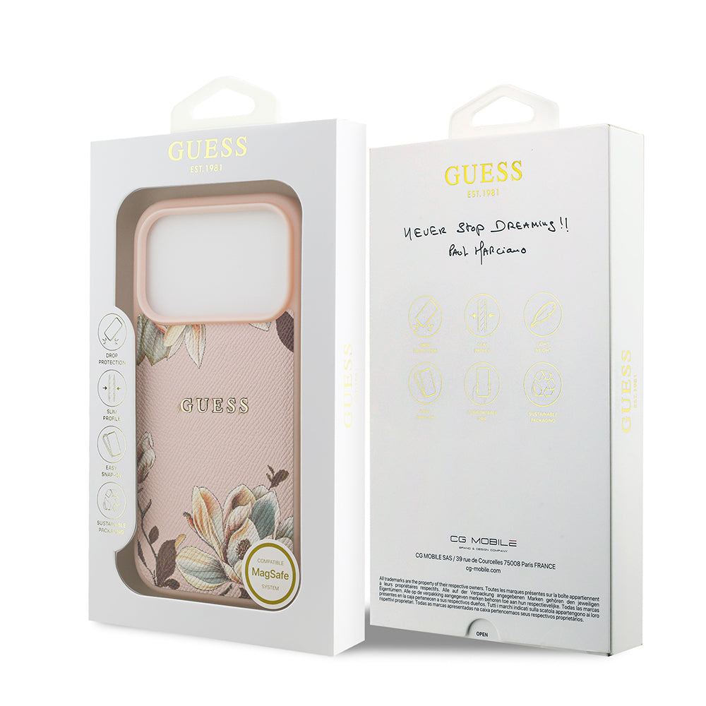 iPhone 17 Pro Kılıf Guess Orjinal Lisanslı M-safe Şarj Özellikli Taneli Çiçek Tasarımlı Metal Yazı Logolu Kılıf