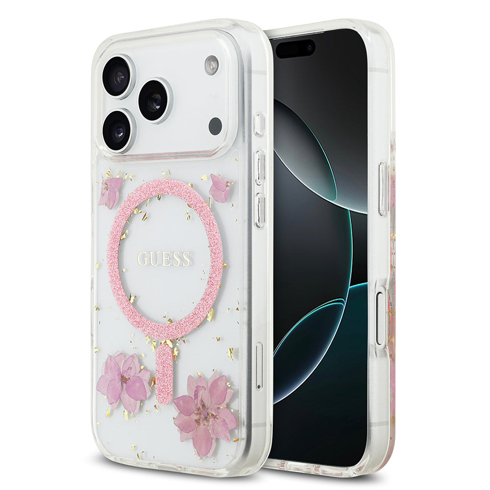 iPhone 17 Pro Kılıf Guess Orjinal Lisanslı M-safe Şarj Özellikli Transparan Resin Flowers Kılıf