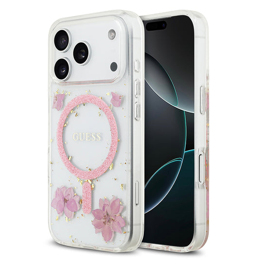 iPhone 17 Pro Kılıf Guess Orjinal Lisanslı M-safe Şarj Özellikli Transparan Resin Flowers Kılıf