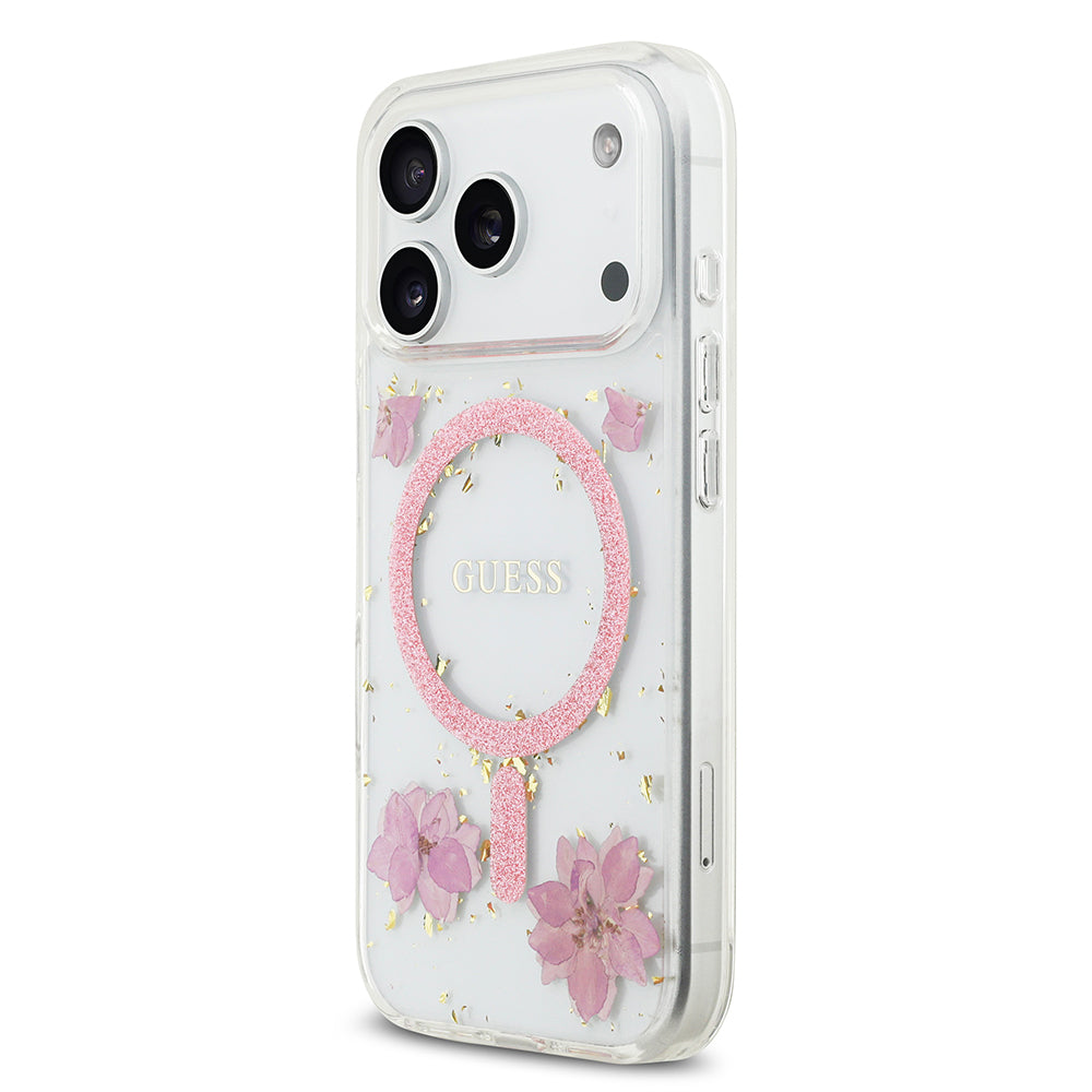 iPhone 17 Pro Kılıf Guess Orjinal Lisanslı M-safe Şarj Özellikli Transparan Resin Flowers Kılıf