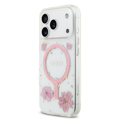 iPhone 17 Pro Kılıf Guess Orjinal Lisanslı M-safe Şarj Özellikli Transparan Resin Flowers Kılıf