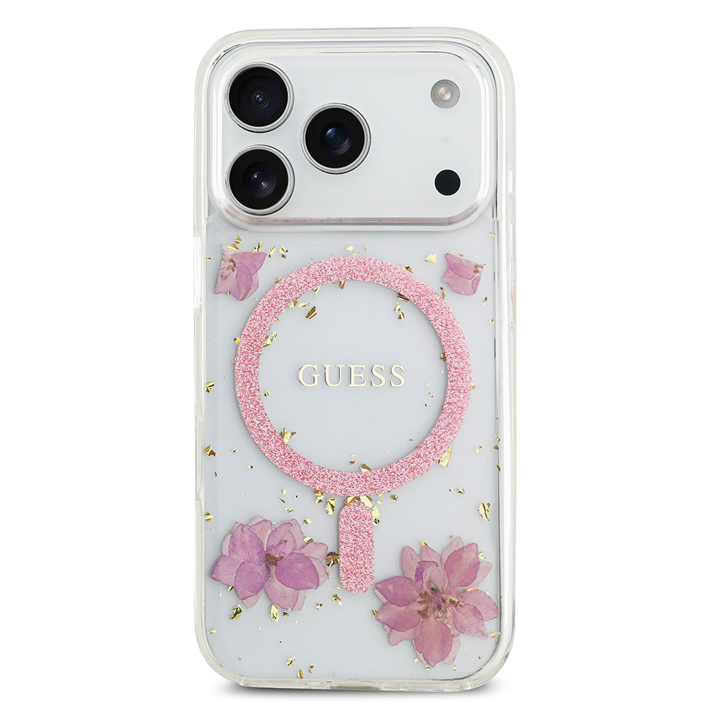 iPhone 17 Pro Kılıf Guess Orjinal Lisanslı M-safe Şarj Özellikli Transparan Resin Flowers Kılıf