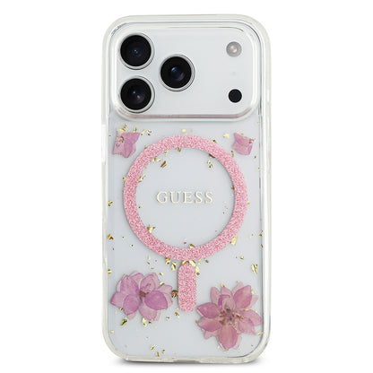 iPhone 17 Pro Kılıf Guess Orjinal Lisanslı M-safe Şarj Özellikli Transparan Resin Flowers Kılıf