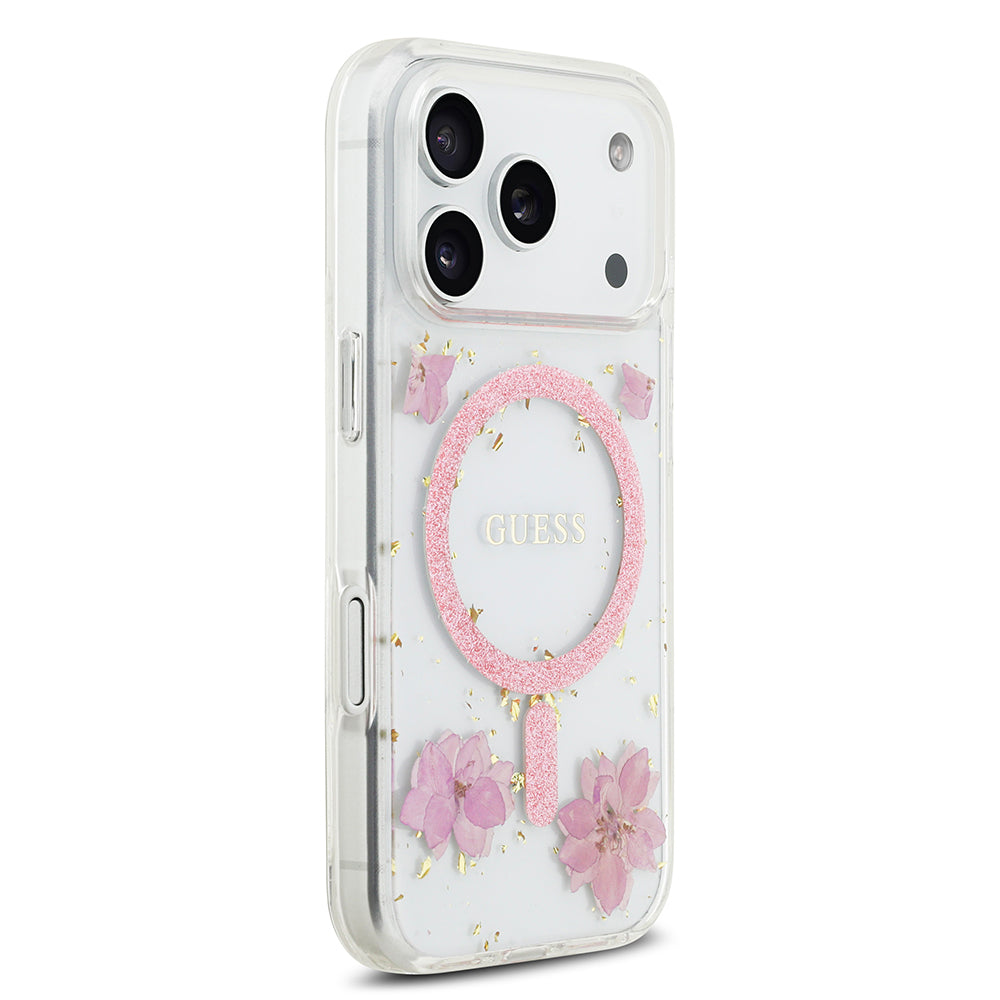 iPhone 17 Pro Kılıf Guess Orjinal Lisanslı M-safe Şarj Özellikli Transparan Resin Flowers Kılıf