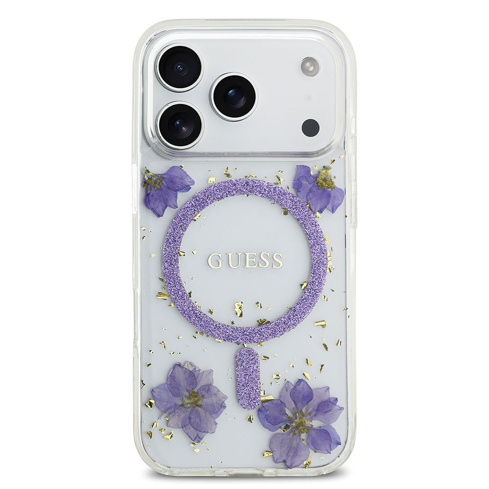 iPhone 17 Pro Kılıf Guess Orjinal Lisanslı M-safe Şarj Özellikli Transparan Resin Flowers Kılıf