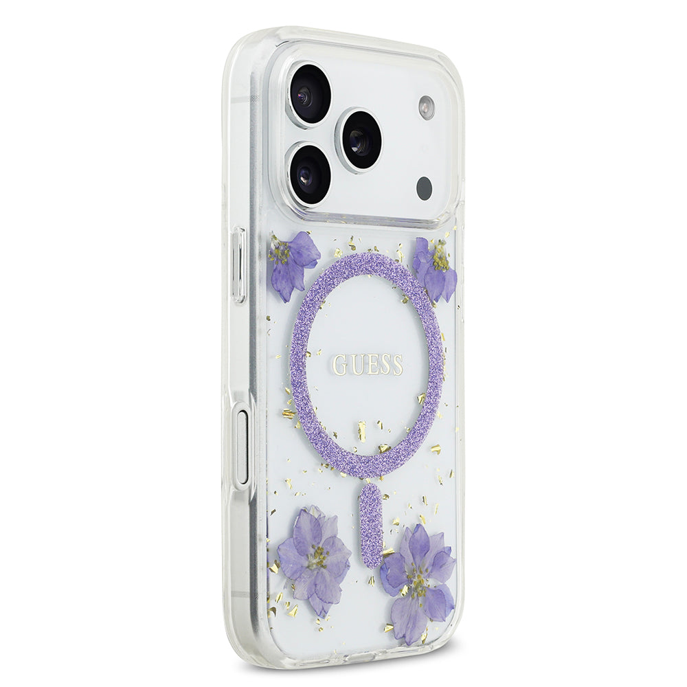 iPhone 17 Pro Kılıf Guess Orjinal Lisanslı M-safe Şarj Özellikli Transparan Resin Flowers Kılıf
