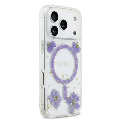 iPhone 17 Pro Kılıf Guess Orjinal Lisanslı M-safe Şarj Özellikli Transparan Resin Flowers Kılıf