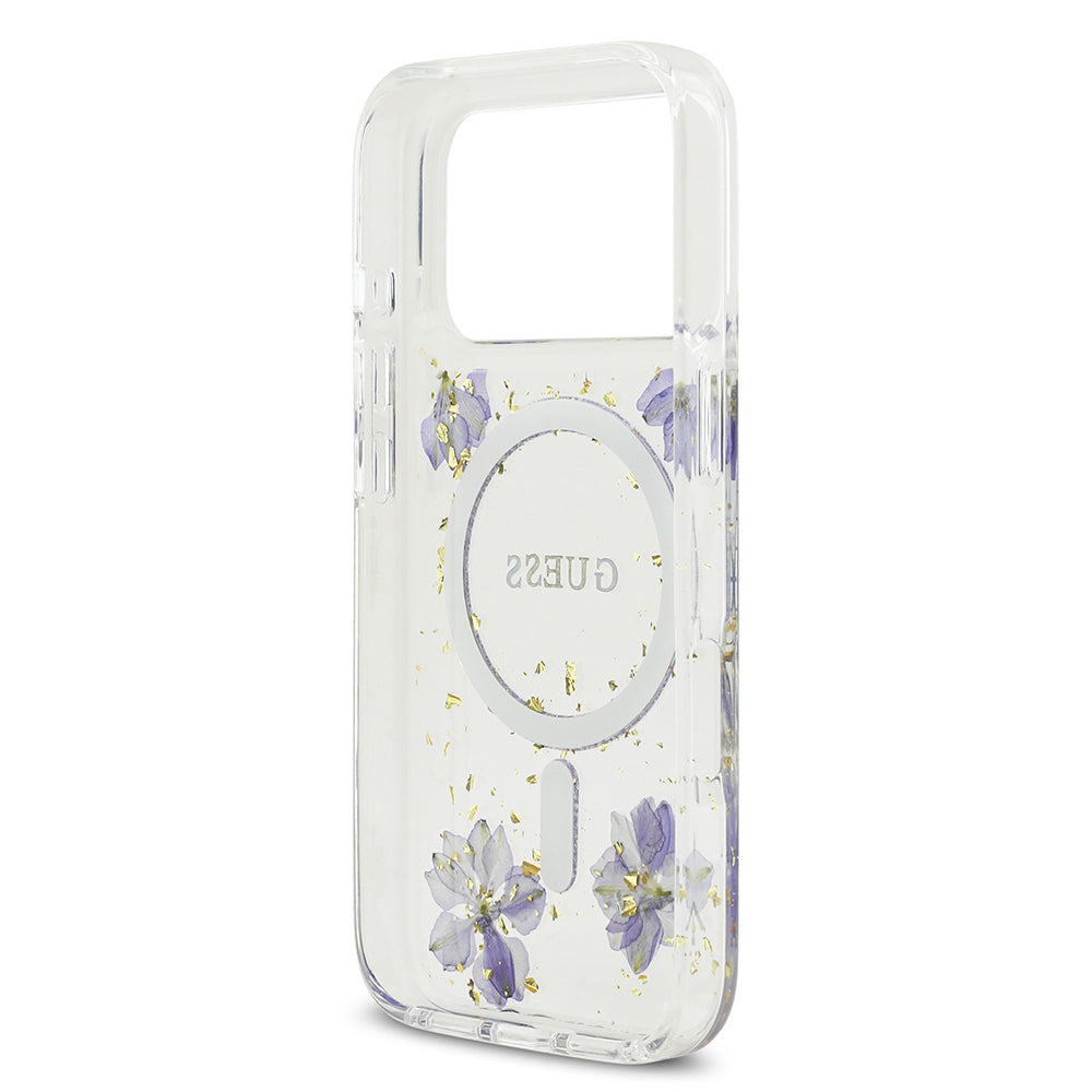 iPhone 17 Pro Kılıf Guess Orjinal Lisanslı M-safe Şarj Özellikli Transparan Resin Flowers Kılıf