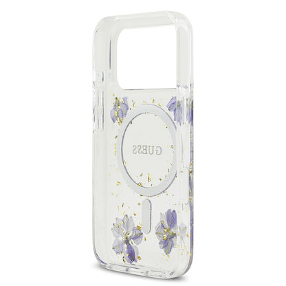 iPhone 17 Pro Kılıf Guess Orjinal Lisanslı M-safe Şarj Özellikli Transparan Resin Flowers Kılıf
