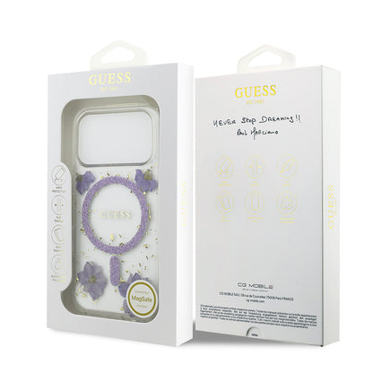 iPhone 17 Pro Kılıf Guess Orjinal Lisanslı M-safe Şarj Özellikli Transparan Resin Flowers Kılıf