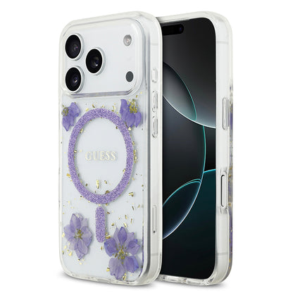 iPhone 17 Pro Kılıf Guess Orjinal Lisanslı M-safe Şarj Özellikli Transparan Resin Flowers Kılıf