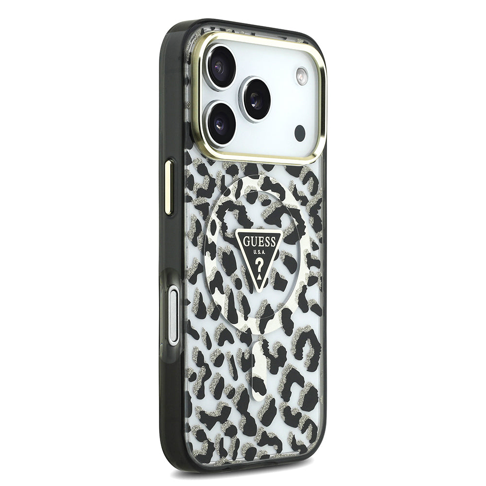 iPhone 17 Pro Kılıf Guess Orjinal Lisanslı M-safe Şarj Özellikli Üçgen Logolu Simli Leopar Desenli Kılıf