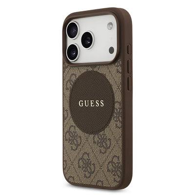 Apple iPhone 17 Pro Kılıf Guess Orjinal Lisanslı M-safe Şarj Özellikli Yazı Logolu Circle Classic Kapak  Kahverengi