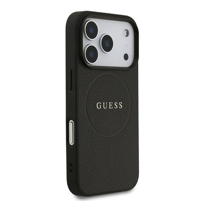 Apple iPhone 17 Pro Kılıf Guess Orjinal Lisanslı M-safe Şarj Özellikli Yazı Logolu PU Deri Kapak Siyah