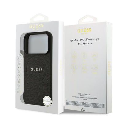 Apple iPhone 17 Pro Kılıf Guess Orjinal Lisanslı M-safe Şarj Özellikli Yazı Logolu PU Deri Kapak Siyah