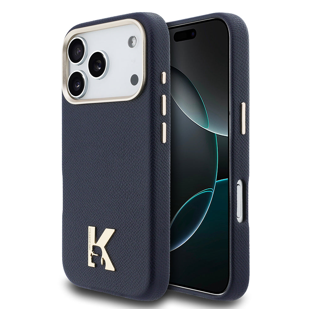 Apple iPhone 17 Pro Kılıf Karl Lagerfeld Orjinal Lisanslı M-safe Şarj Özellikli Gold Kamera Çerçeveli KHEAD Metal Logolu PU Deri Kapak
