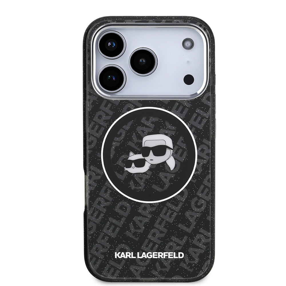 iPhone 17 Pro Kılıf Karl Lagerfeld Orjinal Lisanslı Parlayan Simli Karl & Choupette Heads Kılıf