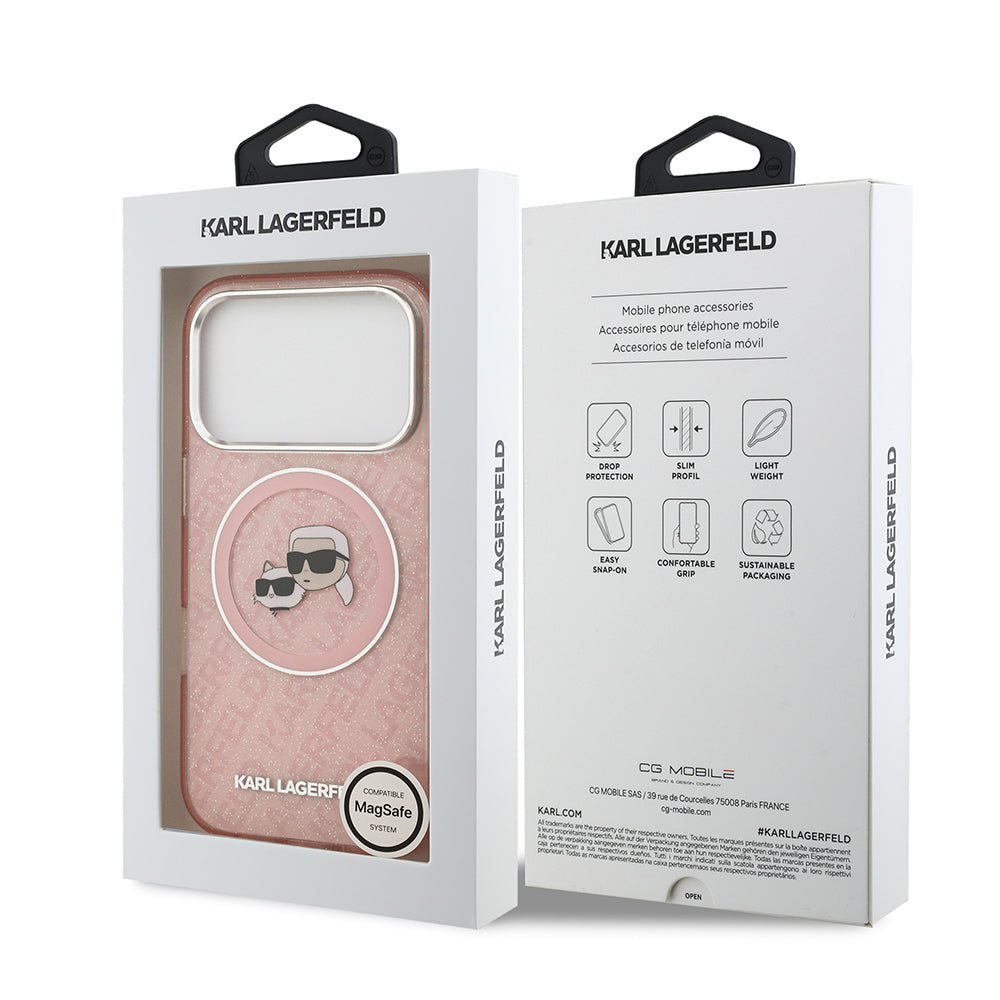 iPhone 17 Pro Kılıf Karl Lagerfeld Orjinal Lisanslı Parlayan Simli Karl & Choupette Heads Kılıf