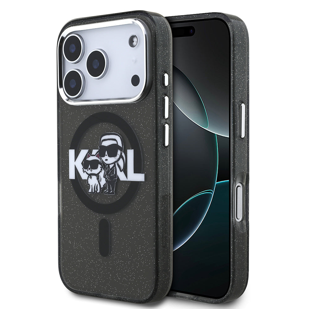 iPhone 17 Pro Kılıf Karl Lagerfeld Orjinal Lisanslı Parlayan Simli Karl & Choupette Sketch Logo Kılıf