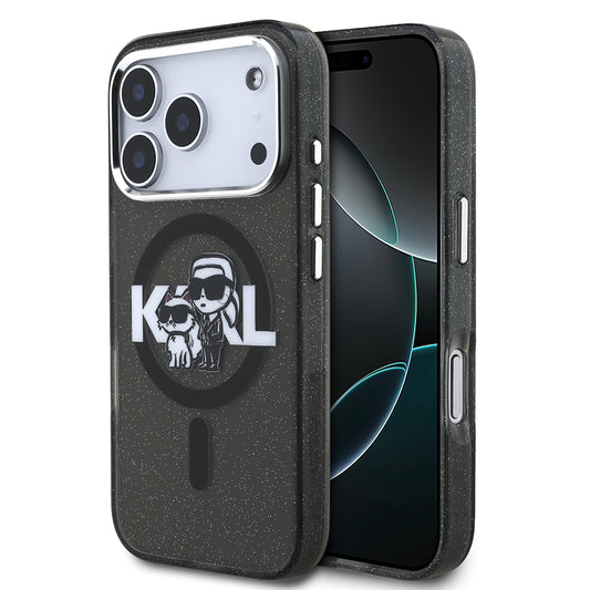 iPhone 17 Pro Kılıf Karl Lagerfeld Orjinal Lisanslı Parlayan Simli Karl & Choupette Sketch Logo Kılıf