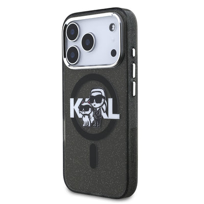 iPhone 17 Pro Kılıf Karl Lagerfeld Orjinal Lisanslı Parlayan Simli Karl & Choupette Sketch Logo Kılıf