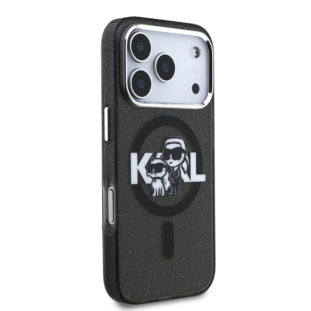 iPhone 17 Pro Kılıf Karl Lagerfeld Orjinal Lisanslı Parlayan Simli Karl & Choupette Sketch Logo Kılıf