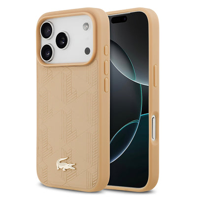Apple iPhone 17 Pro Kılıf Lacoste Orjinal Lisanslı M-safe Şarj Özellikli PU Deri Tasarımlı Karışık Monogram Desenli Kapak  Siyah