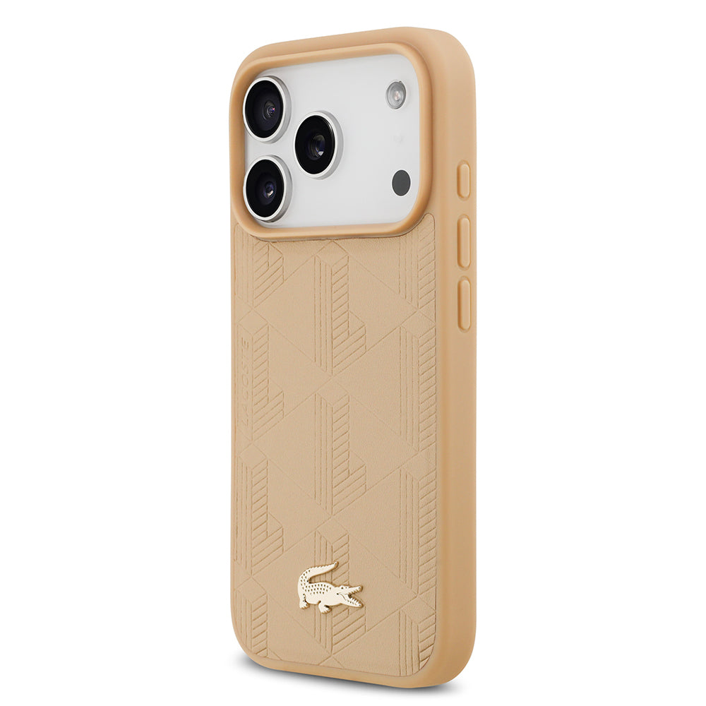 Apple iPhone 17 Pro Kılıf Lacoste Orjinal Lisanslı M-safe Şarj Özellikli PU Deri Tasarımlı Karışık Monogram Desenli Kapak  Siyah
