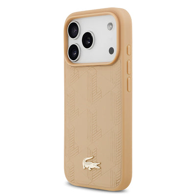 Apple iPhone 17 Pro Kılıf Lacoste Orjinal Lisanslı M-safe Şarj Özellikli PU Deri Tasarımlı Karışık Monogram Desenli Kapak  Bej