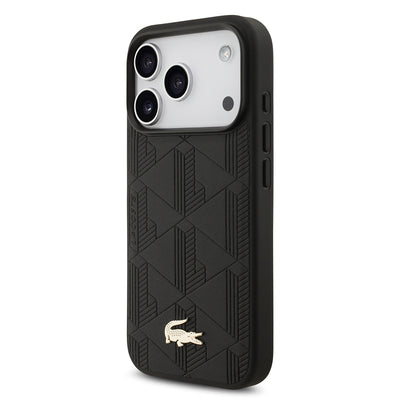 Apple iPhone 17 Pro Kılıf Lacoste Orjinal Lisanslı M-safe Şarj Özellikli PU Deri Tasarımlı Karışık Monogram Desenli Kapak  Siyah