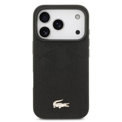 Apple iPhone 17 Pro Kılıf Lacoste Orjinal Lisanslı M-safe Şarj Özellikli PU Deri Tasarımlı Karışık Monogram Desenli Kapak  Siyah