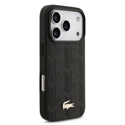 Apple iPhone 17 Pro Kılıf Lacoste Orjinal Lisanslı M-safe Şarj Özellikli PU Deri Tasarımlı Karışık Monogram Desenli Kapak  Siyah