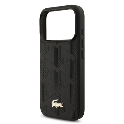 Apple iPhone 17 Pro Kılıf Lacoste Orjinal Lisanslı M-safe Şarj Özellikli PU Deri Tasarımlı Karışık Monogram Desenli Kapak  Bej