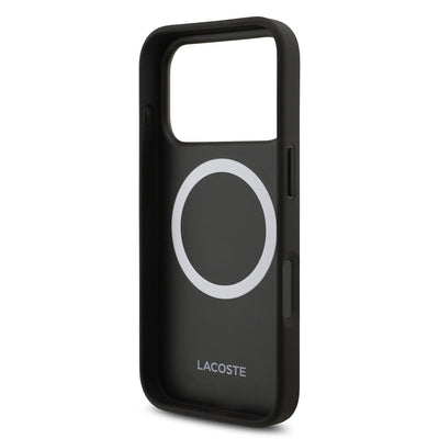 Apple iPhone 17 Pro Kılıf Lacoste Orjinal Lisanslı M-safe Şarj Özellikli PU Deri Tasarımlı Karışık Monogram Desenli Kapak  Siyah
