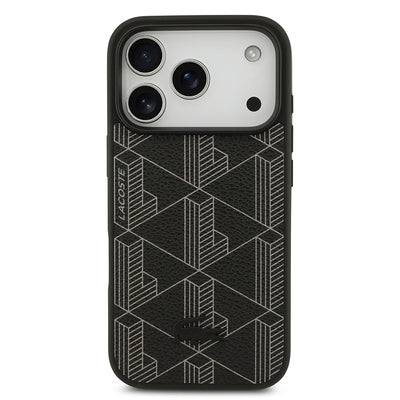 Apple iPhone 17 Pro Kılıf Lacoste Orjinal Lisanslı M-safe Şarj Özellikli PU Deri Tasarımlı Kartlıklı Karışık Monogram Desenli Kapak Siyah