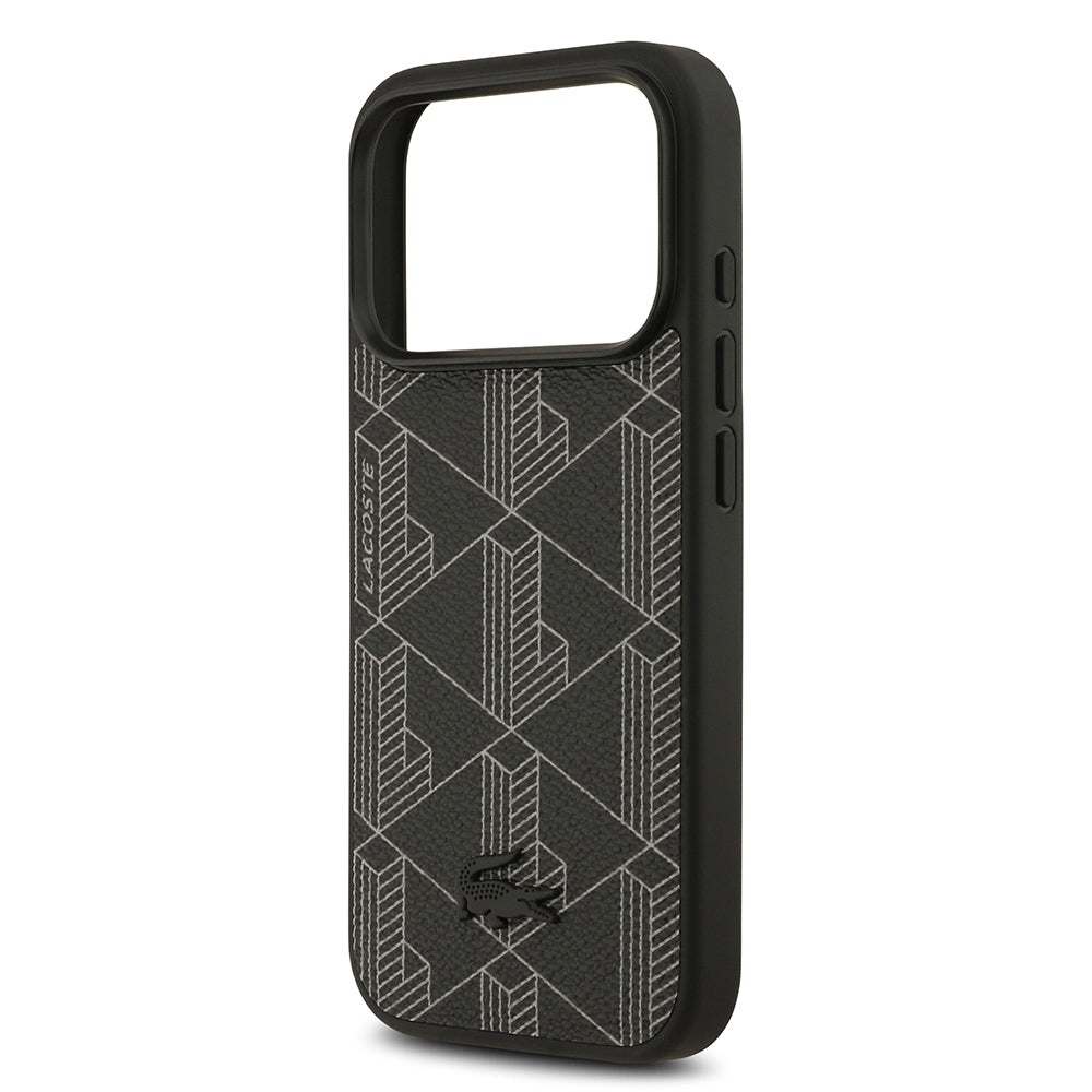 Apple iPhone 17 Pro Kılıf Lacoste Orjinal Lisanslı M-safe Şarj Özellikli PU Deri Tasarımlı Kartlıklı Karışık Monogram Desenli Kapak Siyah