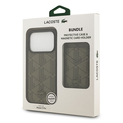 iPhone 17 Pro Kılıf Lacoste Orjinal Lisanslı M-safe Şarj Özellikli PU Deri Tasarımlı Kartlıklı Karışık Monogram Desenli Kılıf